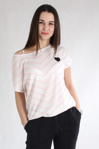 Laza szabású, könnyű női rövid ujjú póló (fehér alapon rózsaszín csíkos)