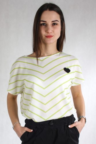 Laza szabású, könnyű női rövid ujjú póló (fehér alapon zöld csíkos)