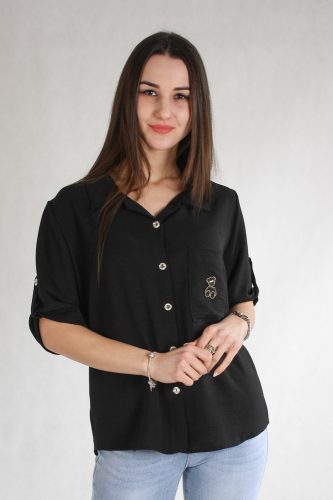 Egyszínű női ing, rövid ujjú, macis díszítéssel (fekete színű)