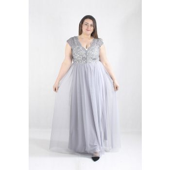   Hosszú, női alkalmi ruha, csipke és tüll anyagból (szürke) – lengyel termék