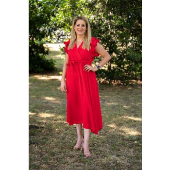 Fodros ujjú ruha övvel piros