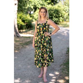 Kötős vállú maxiruha fekete citromos