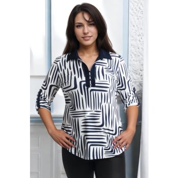 Női gombos felső  fehér  kék mintás 