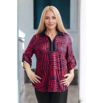 Női gombos felső  pink  kék mintás 