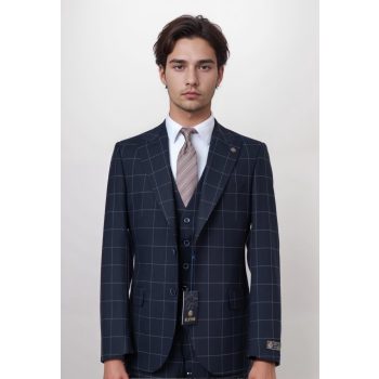 3 részes öltöny szett kék kockás  slim fazon