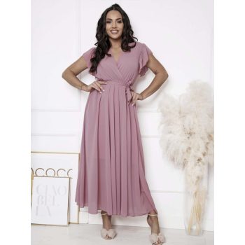 Hosszú átlapolt muszlin ruha kötővel mályvarózsaszín