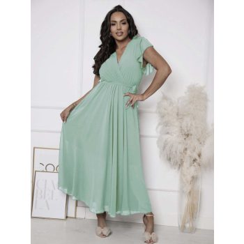 Hosszú átlapolt muszlin ruha kötővel almazöld