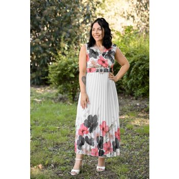 ujjatlan öves plisszérozott ruha fehér virágos