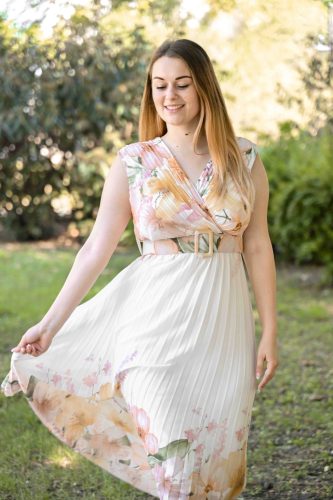 ujjatlan öves plisszérozott ruha sárga virágos