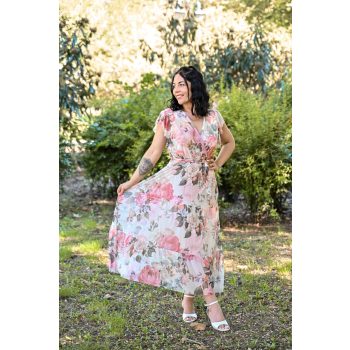 Fodros ujjú loknis hosszú virágos ruha  rózsaszín zöld