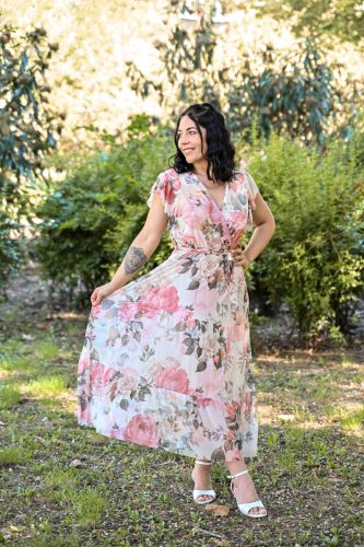 Fodros ujjú loknis hosszú virágos ruha  rózsaszín zöld