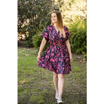 rövid ujjú fodros miniruha övvel lila fekete