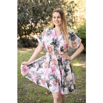 rövid ujjú fodros miniruha övvel rózsaszín barna