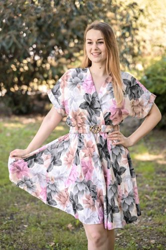 rövid ujjú fodros miniruha övvel rózsaszín barna