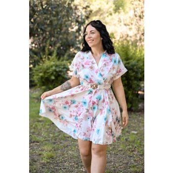 rövid ujjú fodros miniruha övvel rózsaszín kék