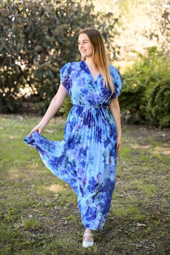 alul  plisszérozott virágos fodros ujjú ruha  kék