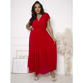 Hosszú átlapolt muszlin ruha kötővel piros