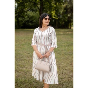 Midi A vonalú alkalmi ruha övvel bézs-fehér