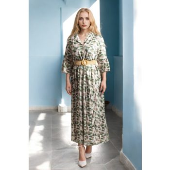 Fodros aljú ruha övvel zöld növénymintás