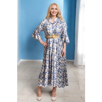 Fodros aljú ruha övvel kék növénymintás