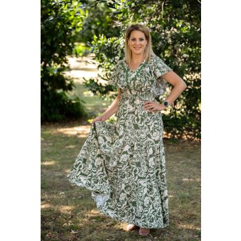 Fodros ujjú hosszú ruha zöld drapp