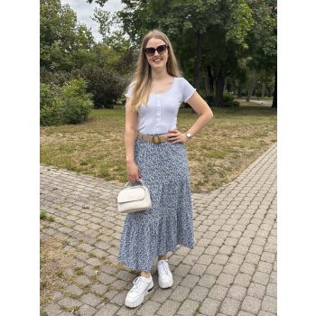 Apróvirágos maxiszoknya övvel világoskék