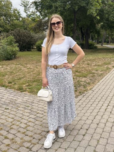 Apróvirágos maxiszoknya övvel sötétkék