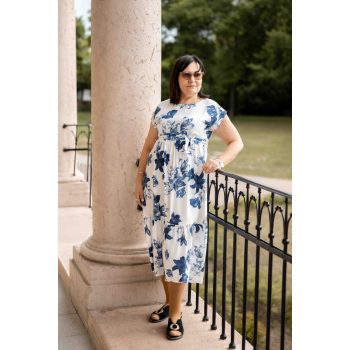 Virágmintás kötős midiruha fekete fehér