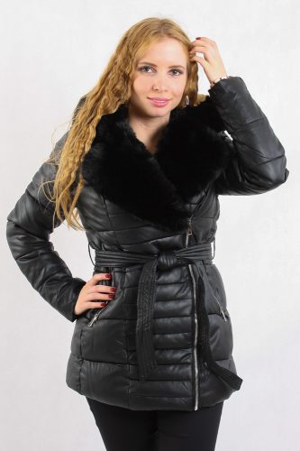 Bőrhatású női fekete kabát