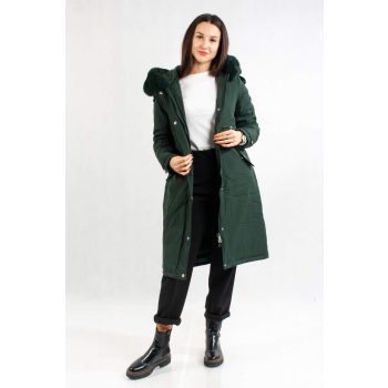 Női télikabát szőrmegallérral sötétzöld