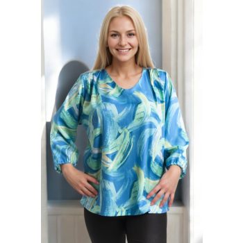 V nyakú felső zöld kék mintás 