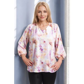 V nyakú felső  rózsaszín mintás 