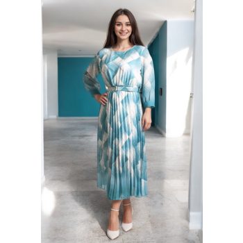 Plisszérozott 3/4 -es ujjú öves mintás ruha türkiz