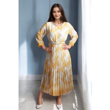 Plisszérozott 3/4 -es ujjú öves mintás ruha sárga