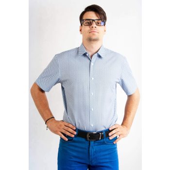 Rövid ujjú, slim fit, férfi ing (fehér-kék kockás)