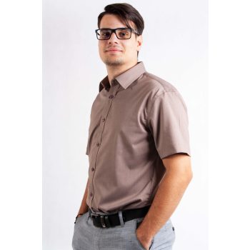 Rövid ujjú, slim fit, férfi ing (barna)