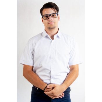   Rövid ujjú, slim fit, férfi ing (fehér, fekete pöttyökkel)