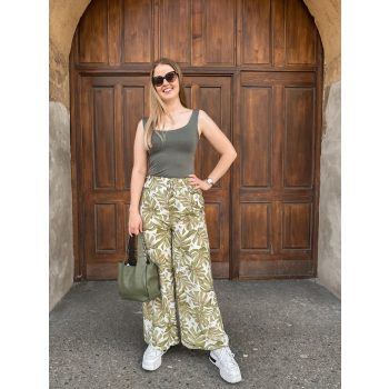   Bőszárú mintás nyári hosszú nadrág kötővel zöld levélmintás