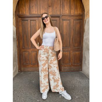   Bőszárú mintás nyári hosszú nadrág kötővel mogyoróbarna levélmintás