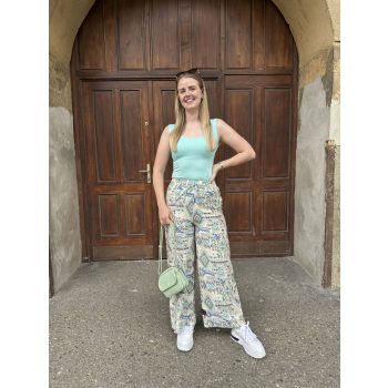   Bőszárú mintás nyári hosszú nadrág kötővel kék zöld mintás