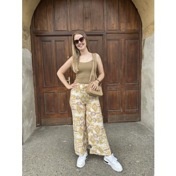   Bőszárú mintás nyári hosszú nadrág kötővel sárga lila mintás