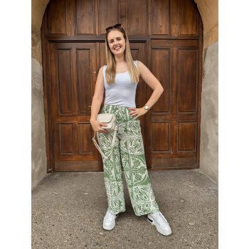   Bőszárú mintás nyári hosszú nadrág kötővel zöld mintás