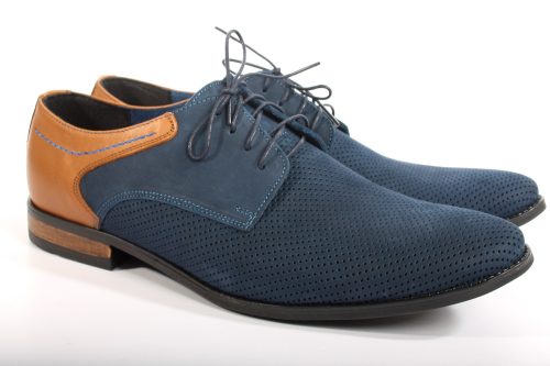 Férfi alkalmi cipő – valódi bőr (áttört mintás, matt, kék/barna) – lengyel termék