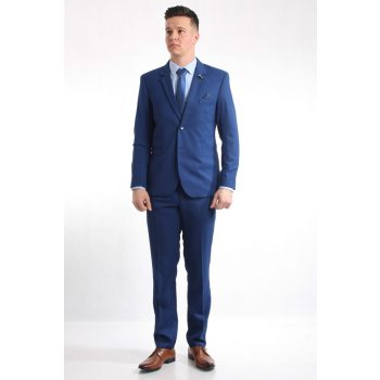   Texturált anyagú, kék színű, slim fit öltöny – magyar termék